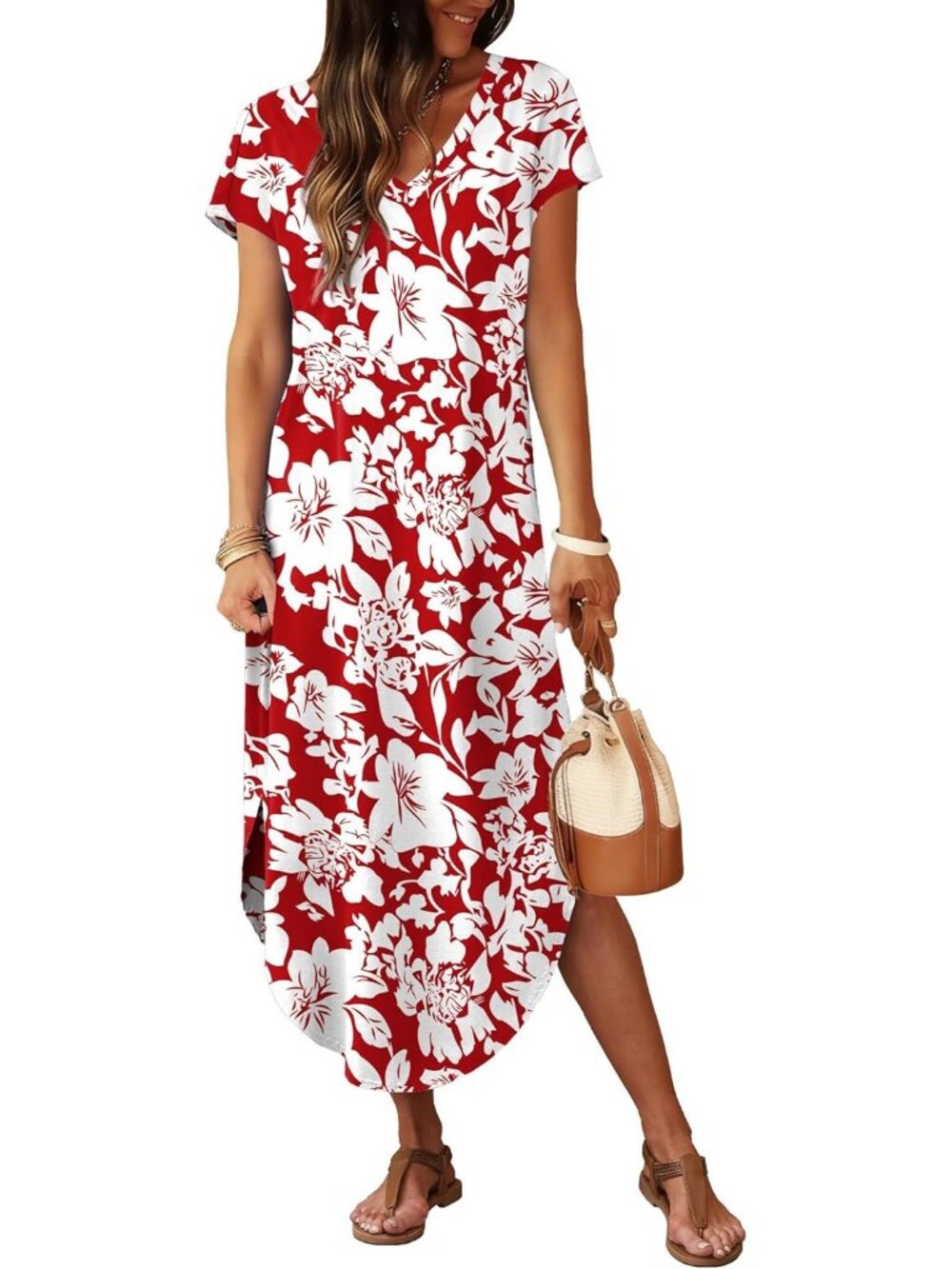 Women's Red Withe V Neck Cap Sleeve Long With Pocket Pull On Casual Maxi Dresses - Picture 2 of 4